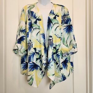 Chico's Size‎ 3 (XL 16) Linen Palm Drape Cardigan Tropical Resort Coastal Beachy